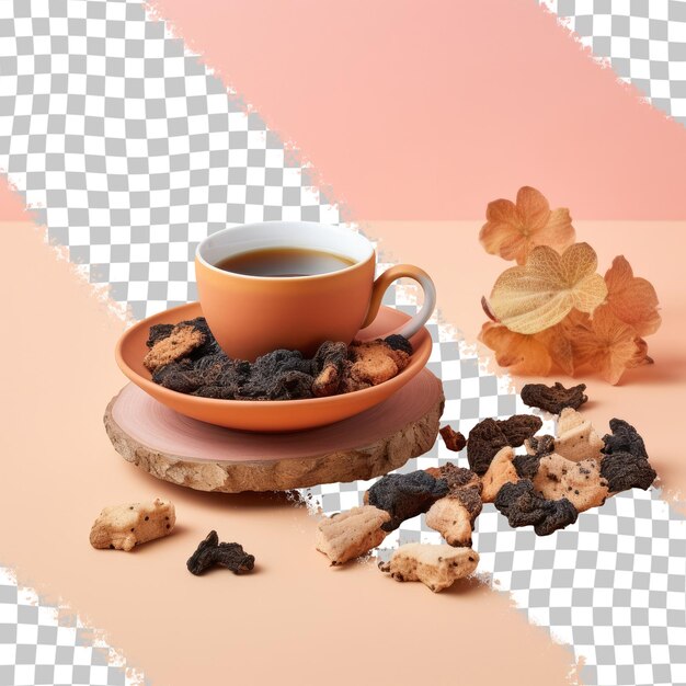 PSD birch chaga mushroom tea with crushed fungus pieces isolated on transparent background