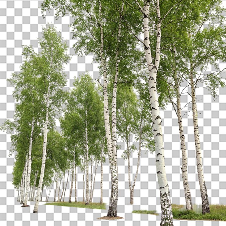 PSD birch trees in a grove isolated on transparent background