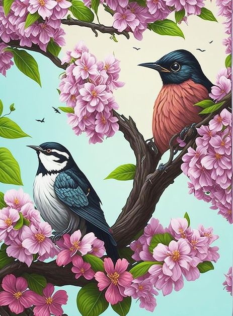PSD bird on a branch with flowers