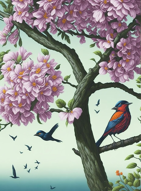 Bird on a branch with flowers