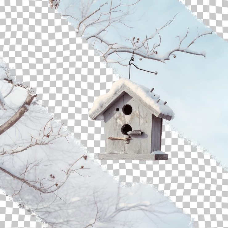 PSD bird house in isolation outdoor bird feeder nest winter trees backdrop tree branches against sky winter forest scenery winter outdoors cloudy white sky