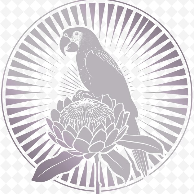 A bird is shown in a circle with a flower in the middle