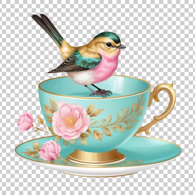 一隻鳥坐在茶杯上,上面有一隻鳥