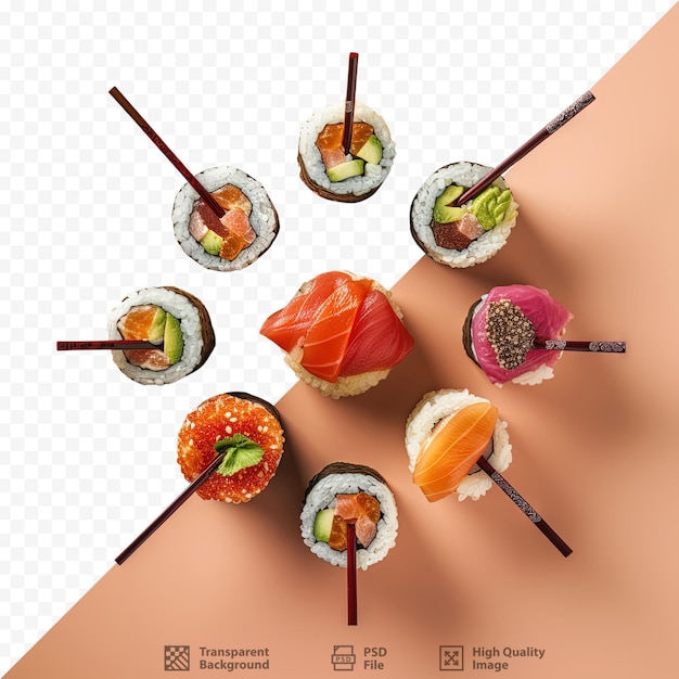 PSD una vista a occhio d'uccello di rotoli di sushi con salsa e bacchette su sfondo trasparente