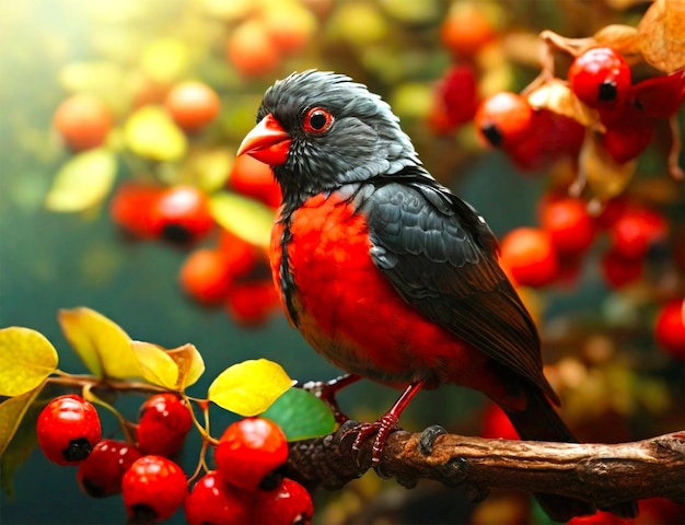 PSD a bird sits on a branch with red berries in the background