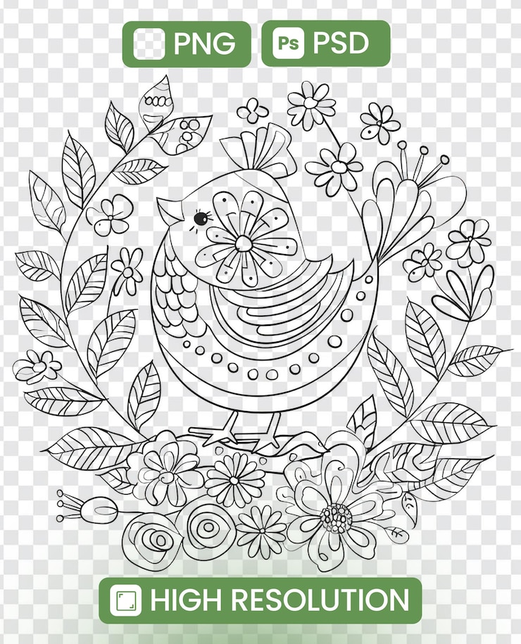 PSD 頭の上に花がついた鳥が花の床に座っている