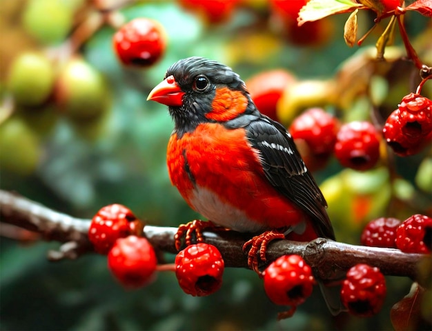 A bird with a red head sits on a branch with red berries