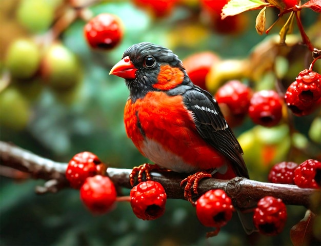 PSD a bird with a red head sits on a branch with red berries