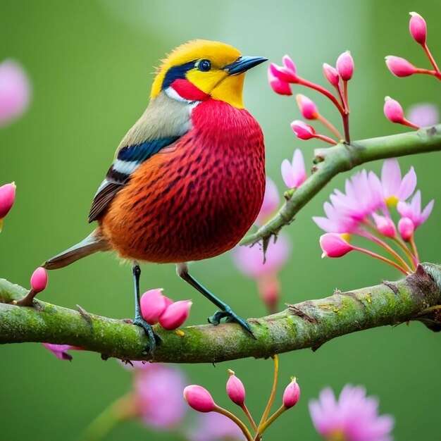 A bird with a yellow head and red feathers sits on a branch with a flower in the background