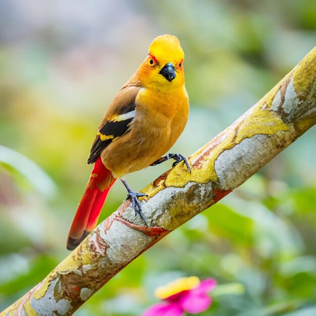 PSD a bird with a yellow head and red feathers sits on a branch with a flower in the background