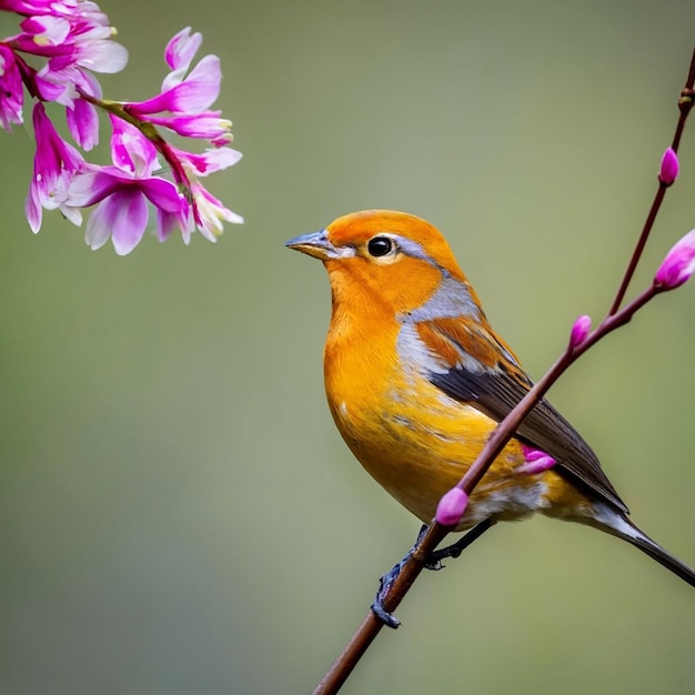 PSD a bird with a yellow head and red feathers sits on a branch with a flower in the background