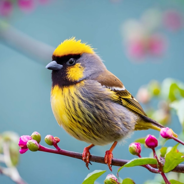 PSD a bird with a yellow head and red feathers sits on a branch with a flower in the background