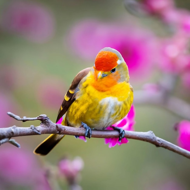 PSD a bird with a yellow head and red feathers sits on a branch with a flower in the background