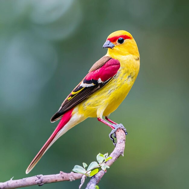 PSD a bird with a yellow head and red feathers sits on a branch with a flower in the background