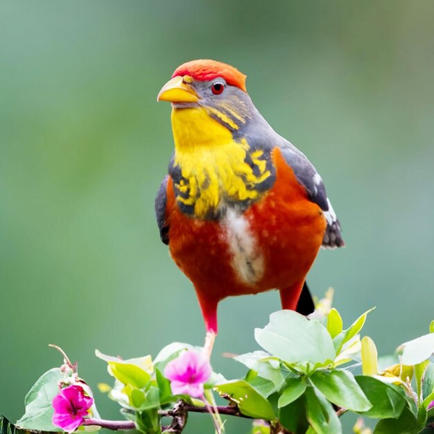 PSD un uccello con la testa gialla e le piume rosse si siede su un ramo con un fiore sullo sfondo