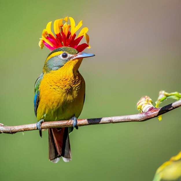 A bird with a yellow head and red feathers sits on a branch with a flower in the background