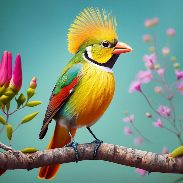 Un uccello con la testa gialla e le piume rosse si siede su un ramo con un fiore sullo sfondo