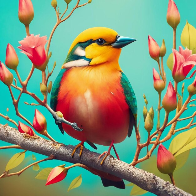 A bird with a yellow head and red feathers sits on a branch with a flower in the background