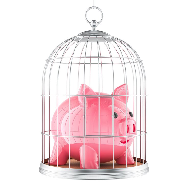 PSD birdcage with piggy bank inside 3d rendering isolated on transparent background