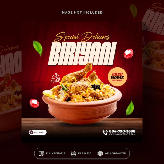 Продвижение пищи biriyani в социальных сетях и дизайн шаблона баннера в instagram
