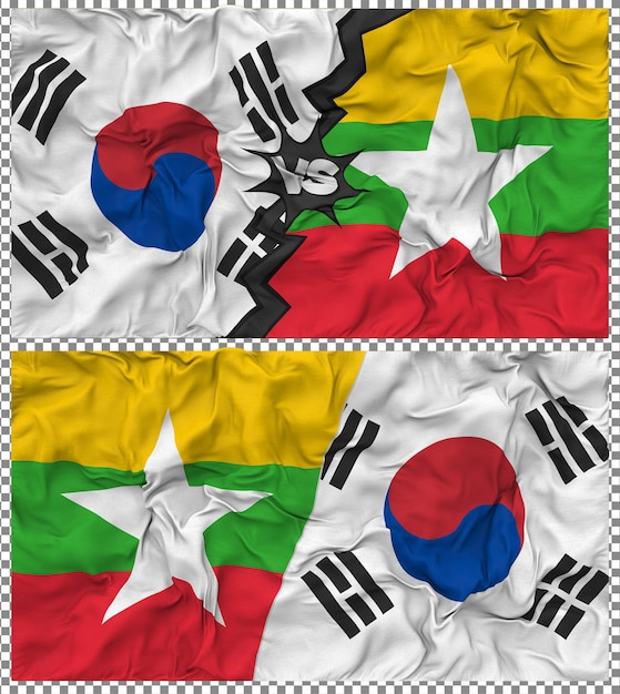 Birma versus Zuid-Korea Halve gecombineerde vlag Stof Bump Textuur 3D Rendering