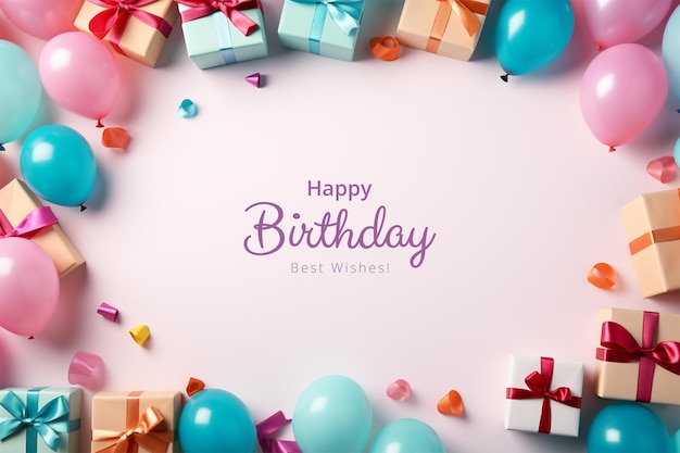 Birthday background with balloons and gifts