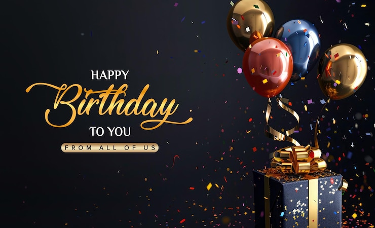 PSD birthday black theme template with gift box and balloons