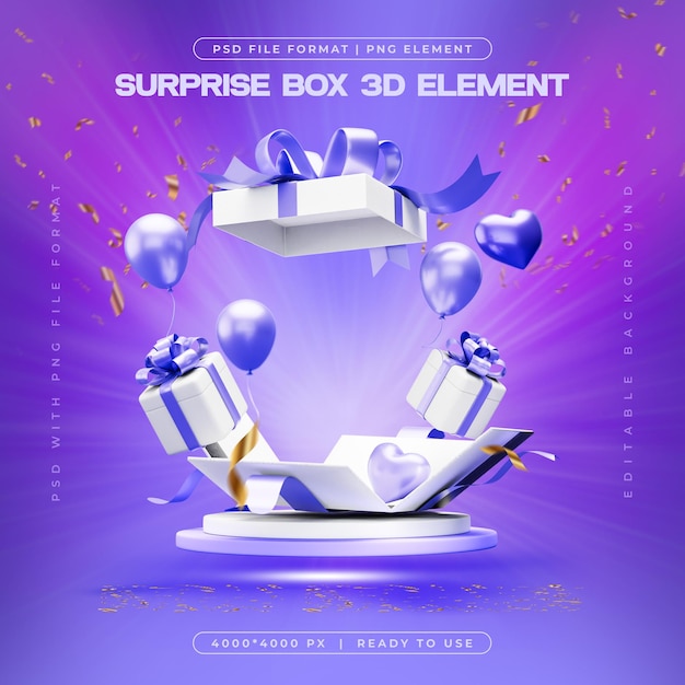 PSD birthday blast surprise gift box elementi 3d i media sociali isolati