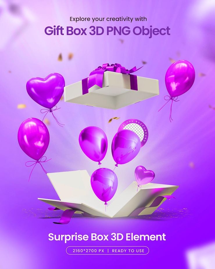 PSD birthday blast surprise gift box 3d elements social media isolated