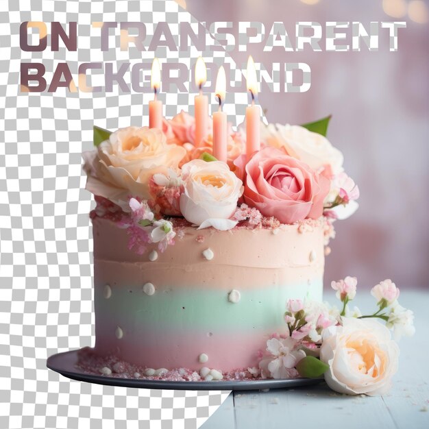 PSD birthday cake with candles and flowers on transparent background