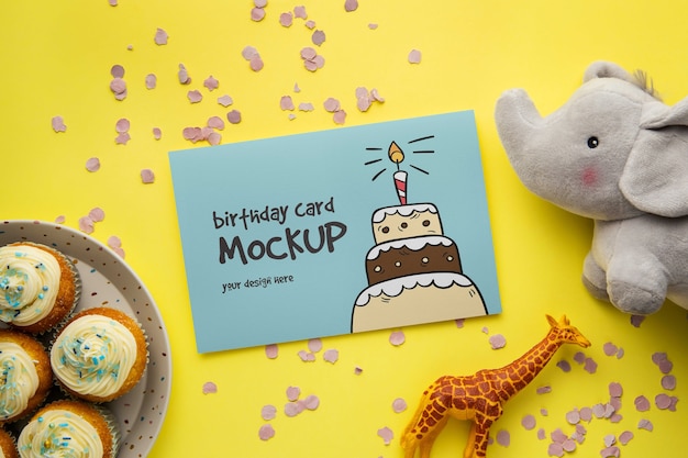 PSD birthday card mockup with cake