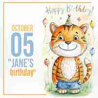 PSD a birthday card with a tiger on it and a cat wearing a hat