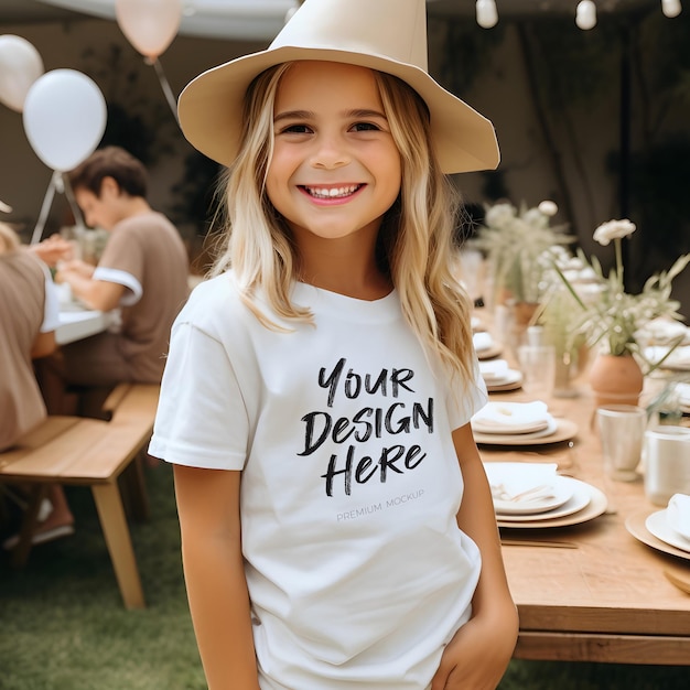 PSD birthday girl wearing a white t shirt mockup