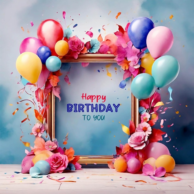 PSD birthday greeting background with colorful balloons