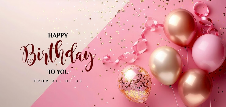 PSD birthday holiday banner with gold and pink balloons confetti and ribbon