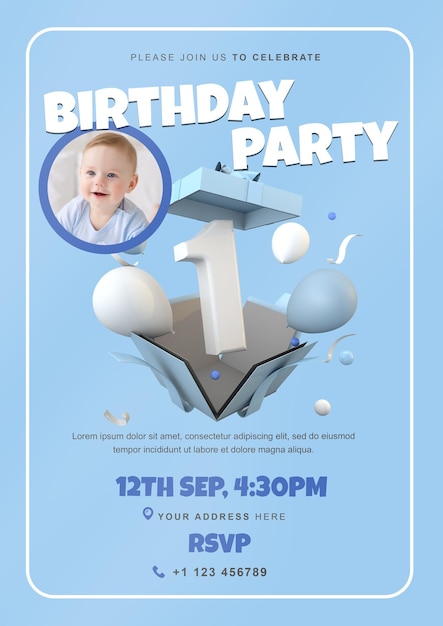 Birthday invitation party flyer a4 template with 3d number one