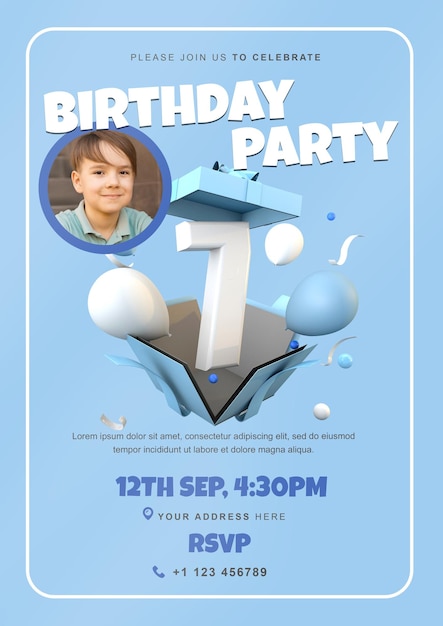 PSD birthday invitation party flyer a4 template with 3d number seven