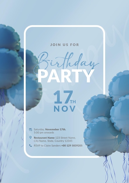 PSD birthday invitation template with blue balloons