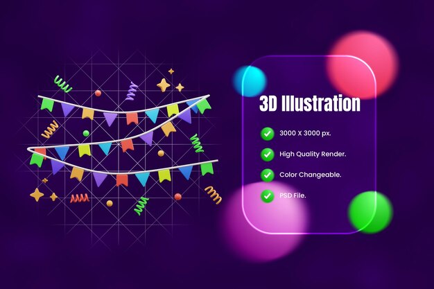 PSD 3d-икона флага вечеринки на день рождения или party garland 3d-икона или bunting flag 3d-икона