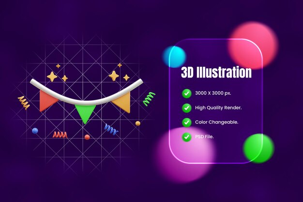 PSD 3d-икона флага вечеринки на день рождения или party garland 3d-икона или bunting flag 3d-икона