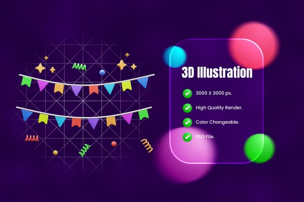 3d-икона флага вечеринки на день рождения или party garland 3d-икона или bunting flag 3d-икона