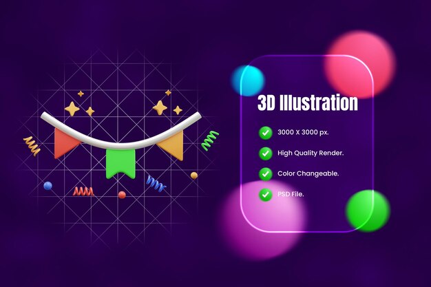 PSD バースデーパーティーの旗 3dアイコンまたはパーティーのガーランド 3dアイコンまたはバントリングフラッグ 3dアイコン