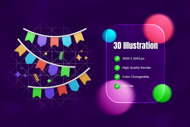 PSD 3d-икона флага вечеринки на день рождения или party garland 3d-икона или bunting flag 3d-икона