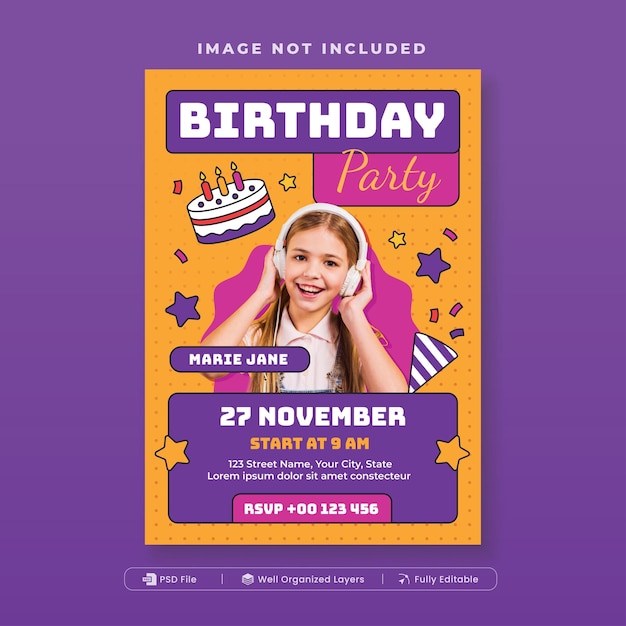 케이크 트럼과 콘페티가 있는 생일 파티 초대 전단지 템플릿