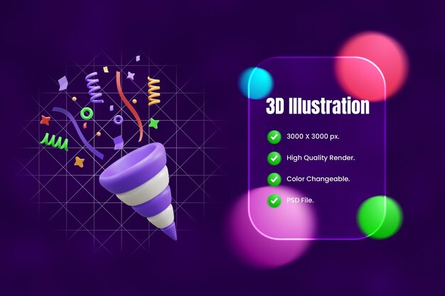 PSD バースデーパーティーのポッパーコンフェティ3dアイコンまたはパーティーのポッパーとコンフェティ3dアイコンまたは祝いのポッパーc
