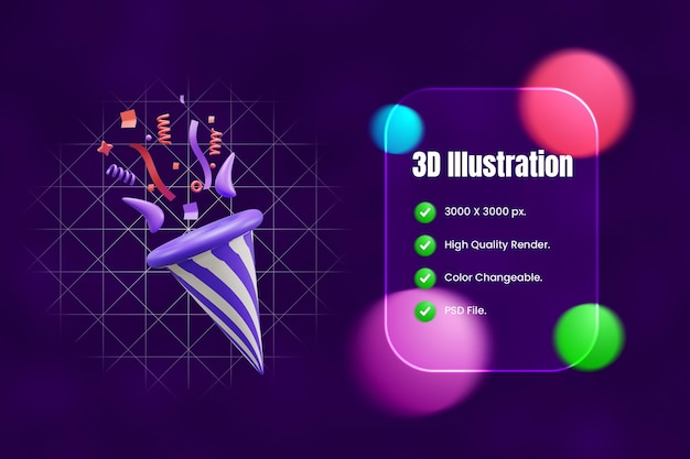 PSD バースデーパーティーのポッパーコンフェティ3dアイコンまたはパーティーのポッパーとコンフェティ3dアイコンまたは祝いのポッパーc
