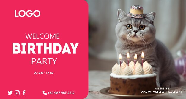 A birthday party poster for a cat with a cake on it.