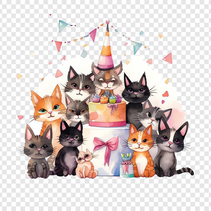 PSD a birthday party with a birthday cake and a cat on the top