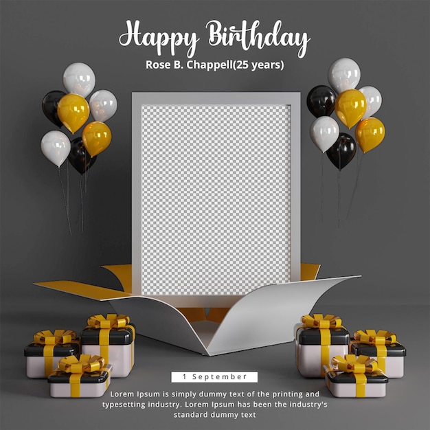 Birthday social media post template with realistic balloon ang gift box