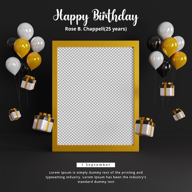 PSD birthday social media post template with realistic balloon ang gift box